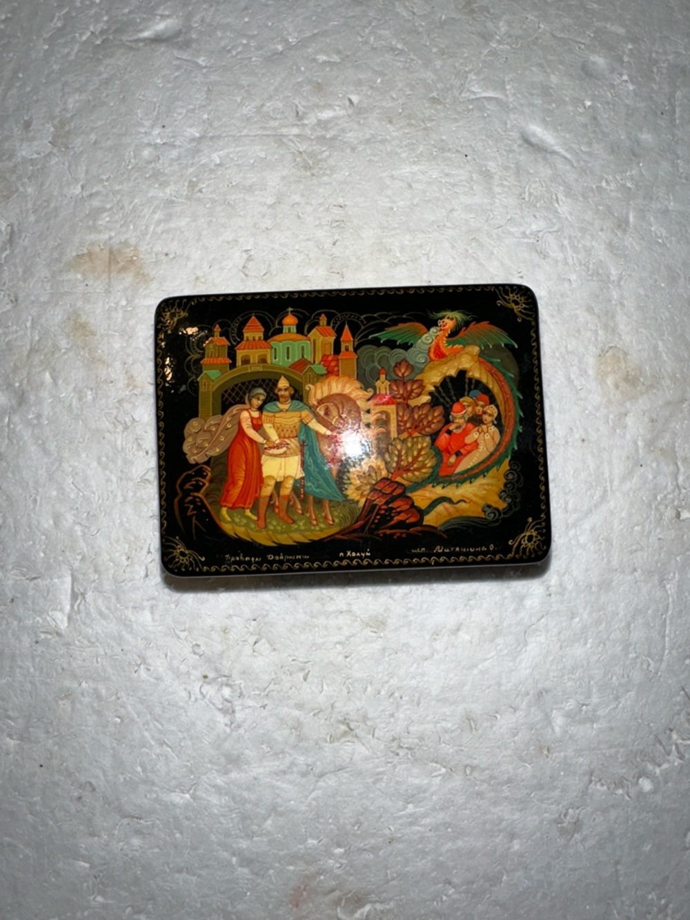 Rare vintage Russian Palekh lacquer miniature box with folklore painting